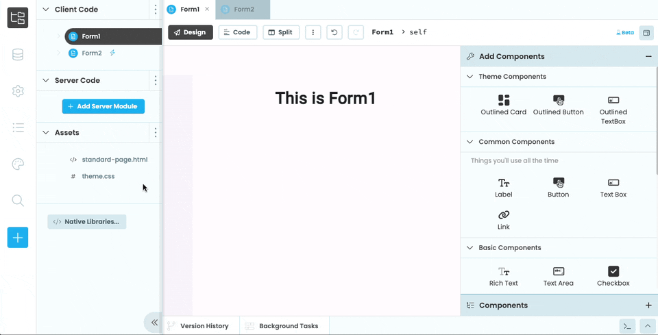 Dragging and dropping a Form from the Sidebar into another Form in the Designer