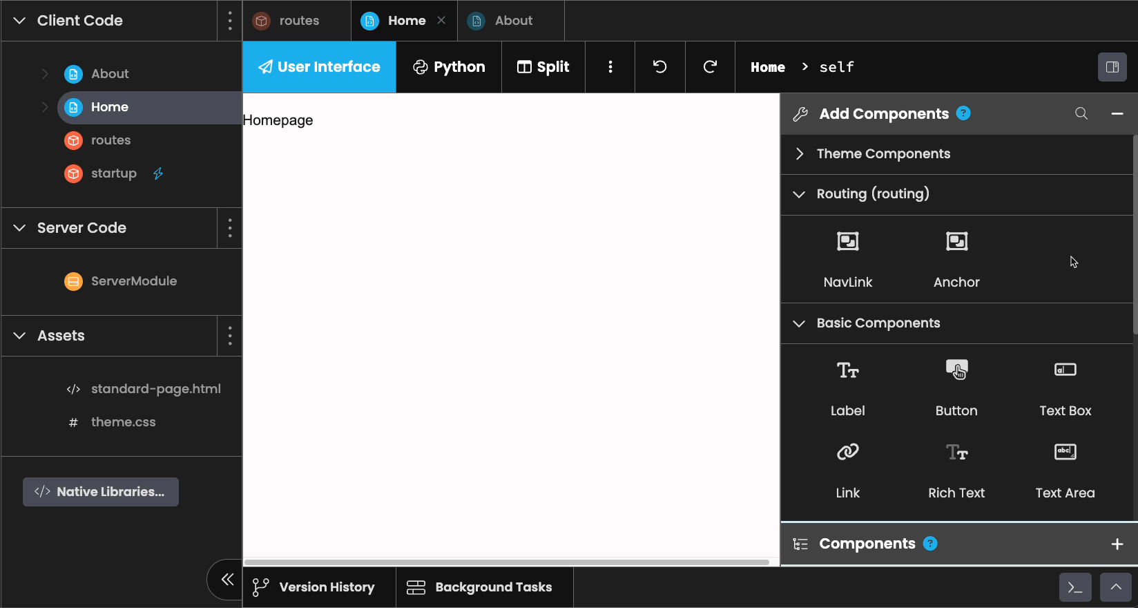 Gif of adding a NavLink component to the Home form and setting its path attribute to '/about'.