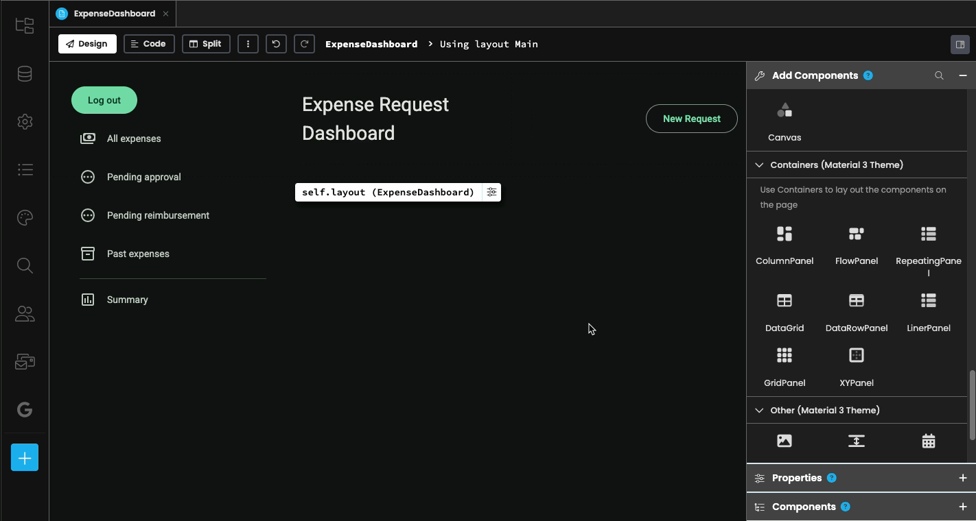 Dragging-and-dropping a Data Grid component from the Toolbox onto the ExpenseDashboard Form