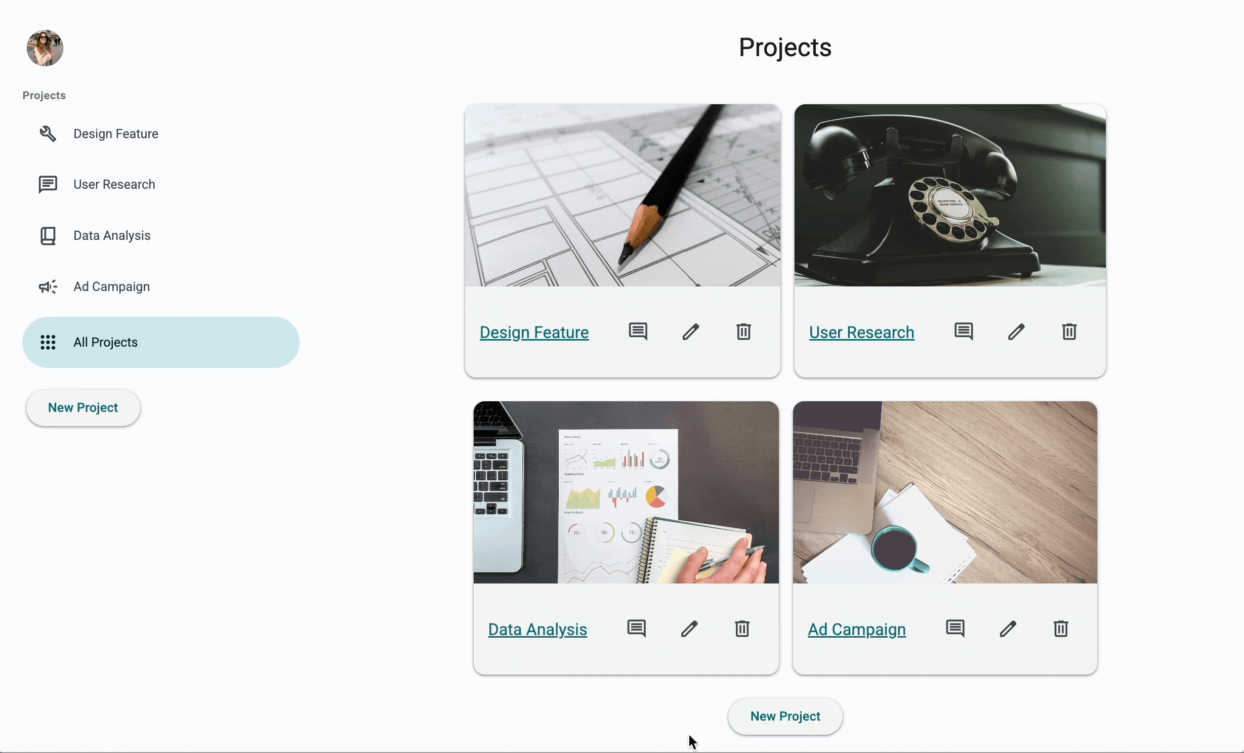 Opening and editing a project in the task management app