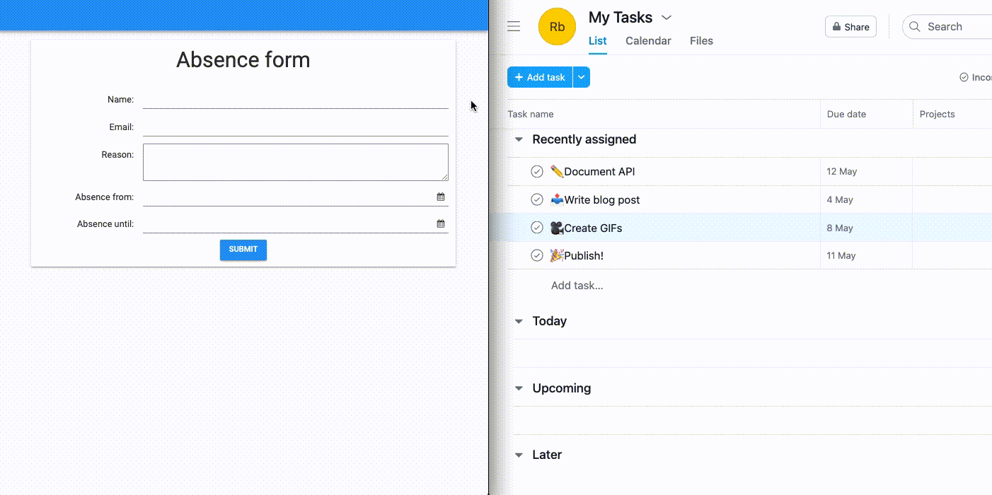 Absence being submitted and showing Asana's tasks being updated