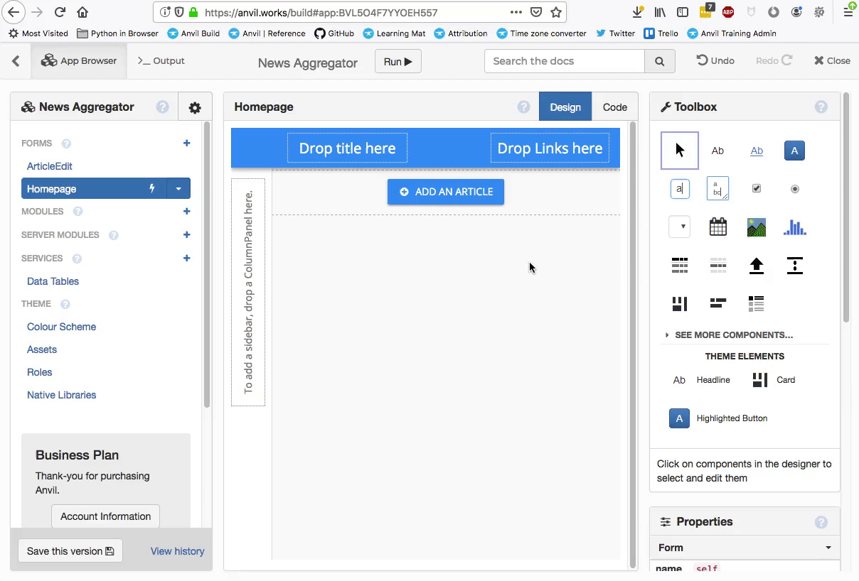 Adding a click handler to the 'Add an article' Button from the Properties pane.