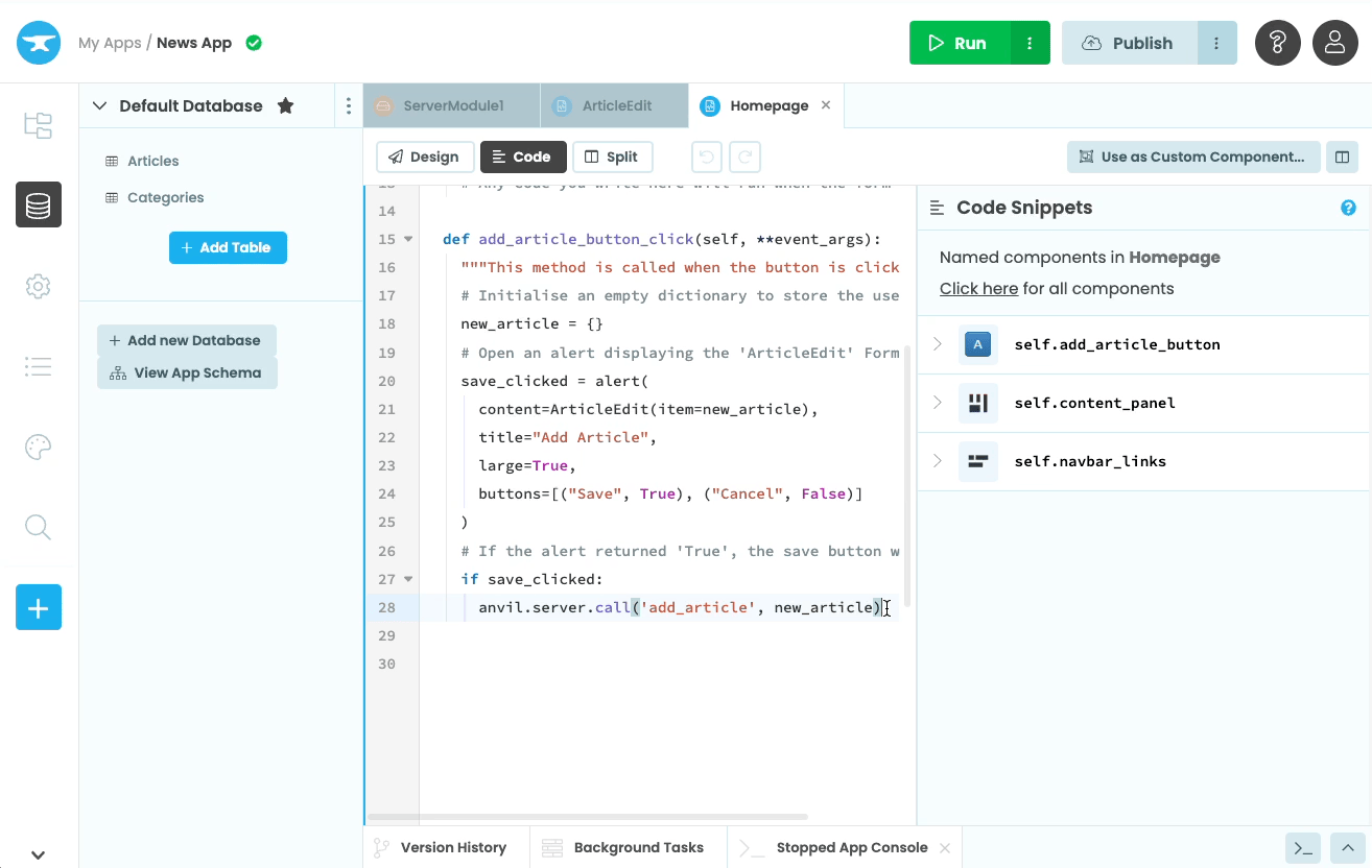 Filling in the ArticleEdit form and checking that the data I entered is in the Data Table.