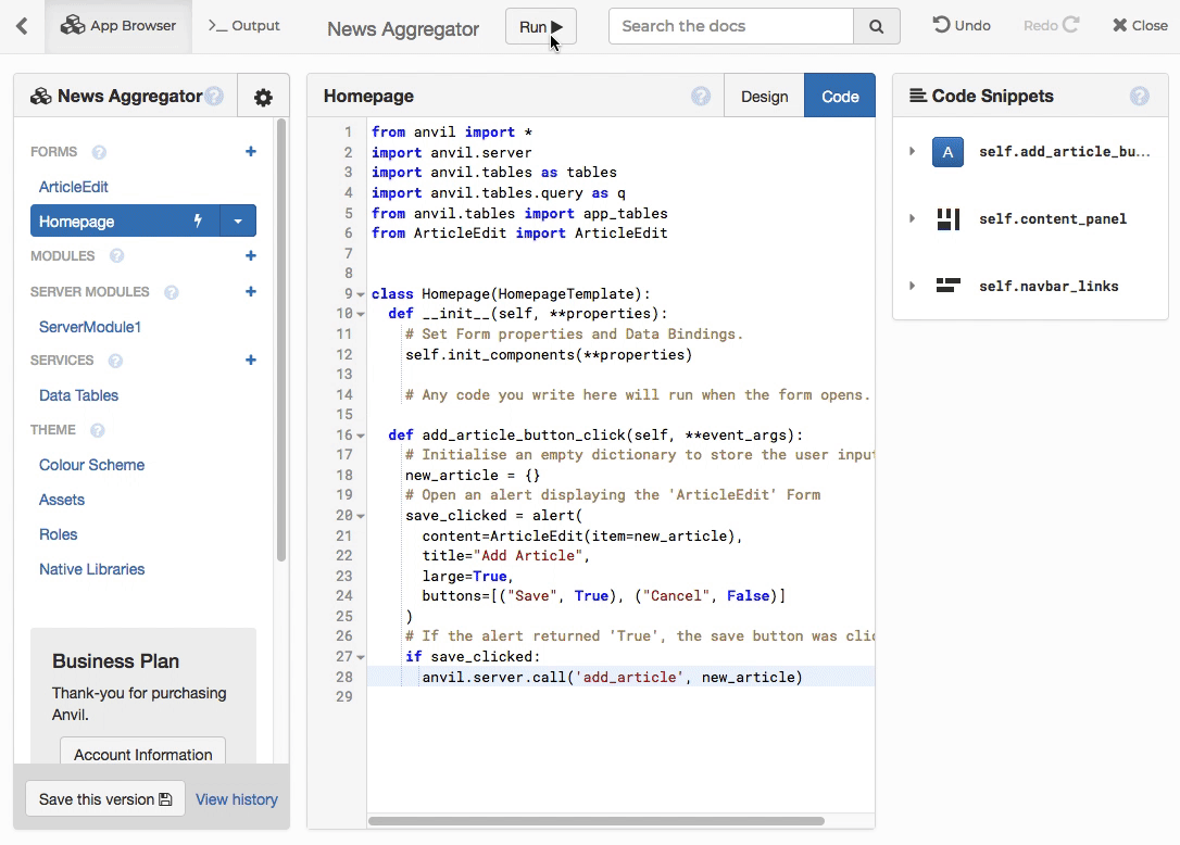 Filling in the ArticleEdit form and checking that the data I entered is in the Data Table.