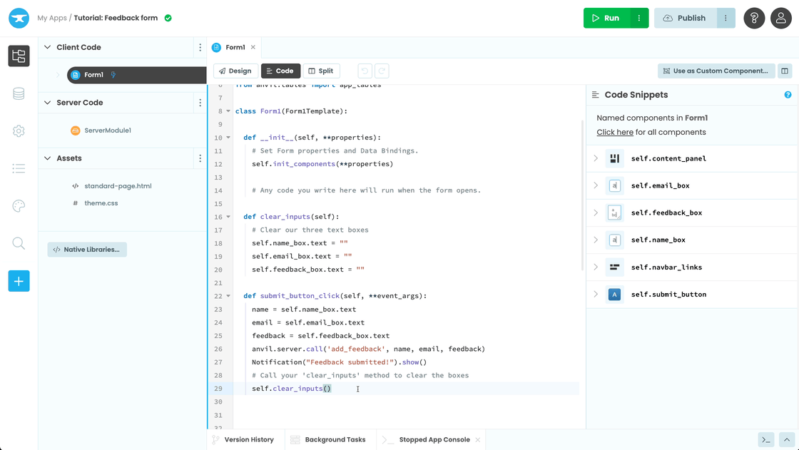 Running the app, completing the inputs and clicking Submit, stopping the app and seeing the data stored in the Data Table