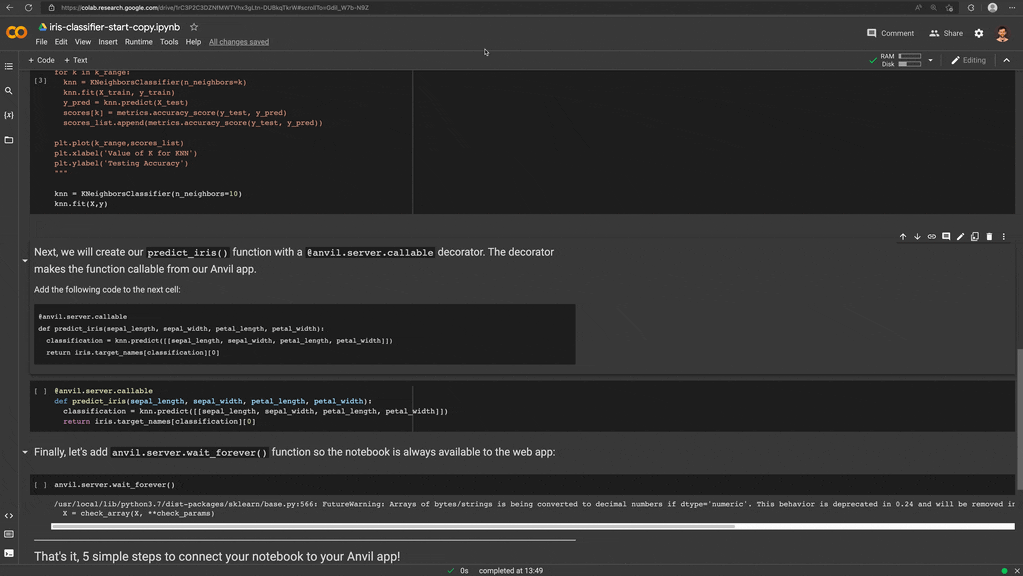 Downloading the iris model from the Colab notebook