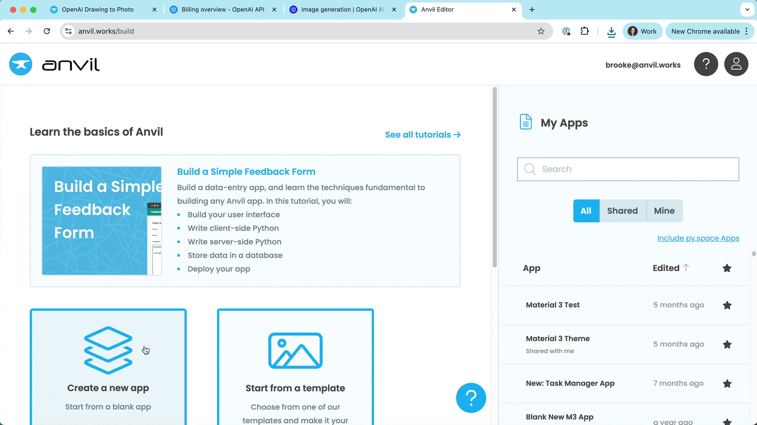 Screen recording of creating a new app, choosing the New M3 theme and choosing Blank Form