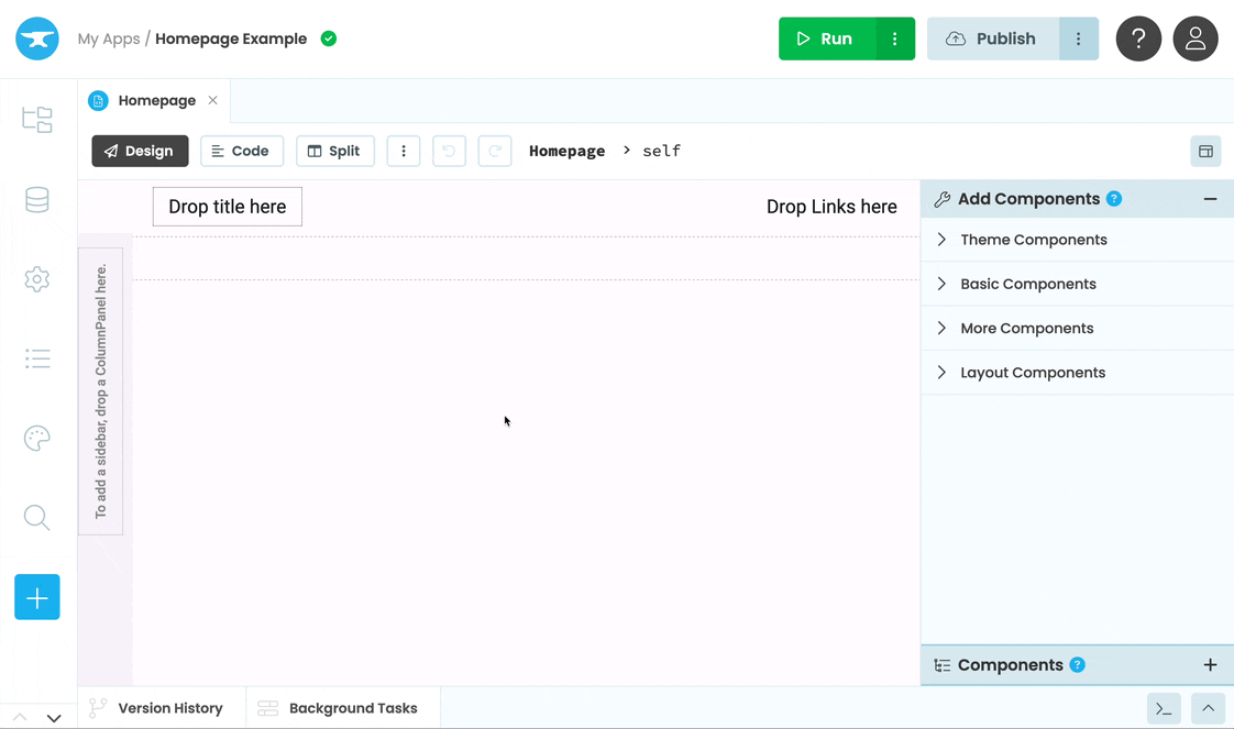 Dragging and dropping a ColumnPanel from the Toolbox into the Sidebar