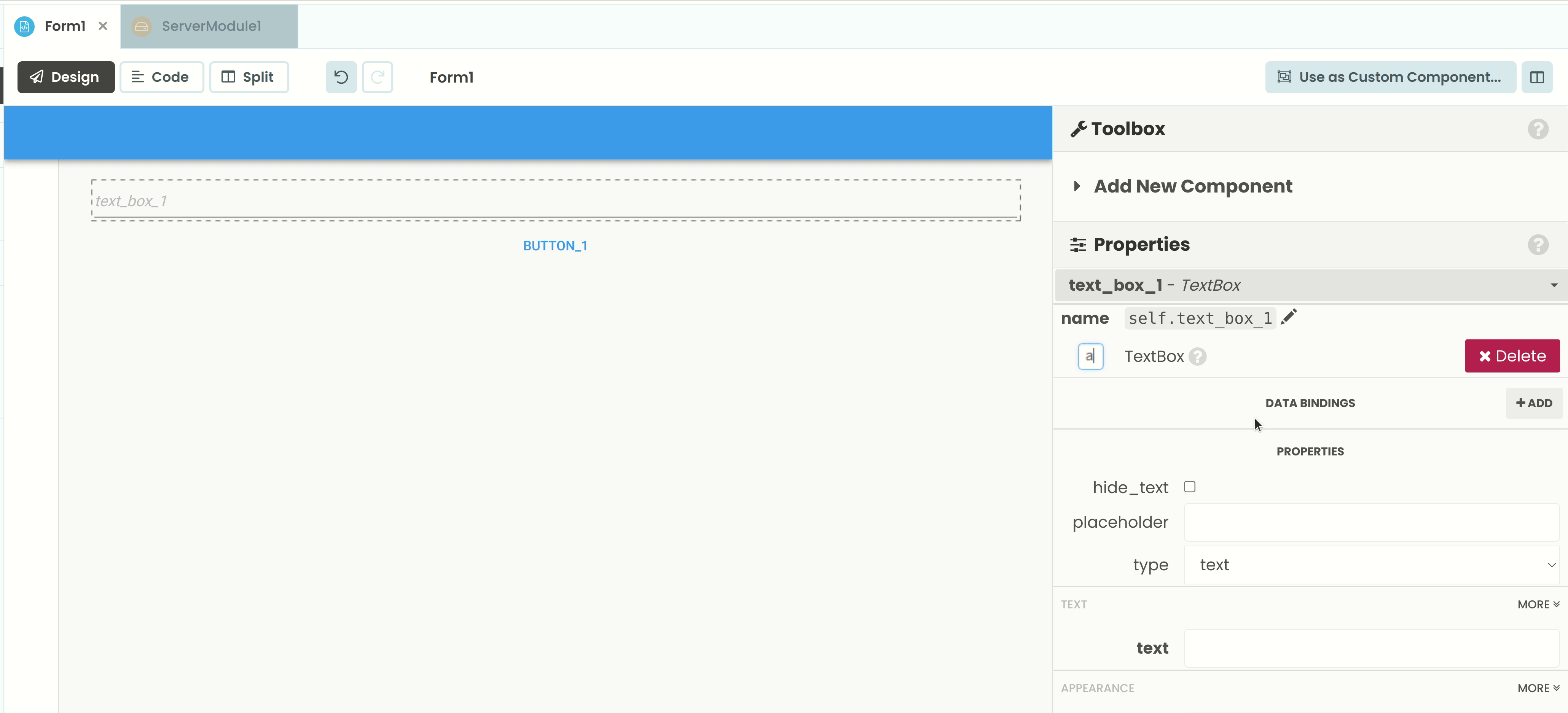 A GIF showing someone editing the properties of their TextBox component from the Properties panel.